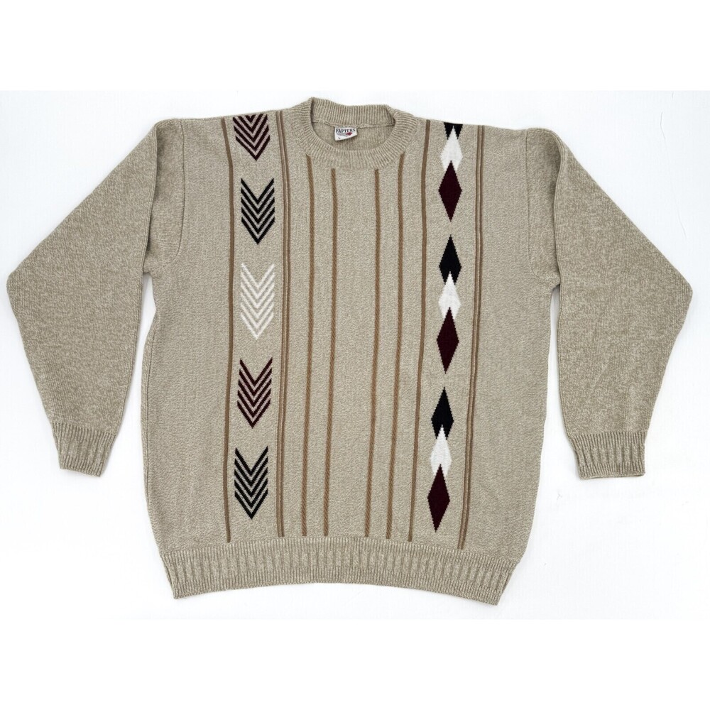 Vintage Fapteks Sweater Mens Large Brown Pullover Argyle Long Sleeve Retro